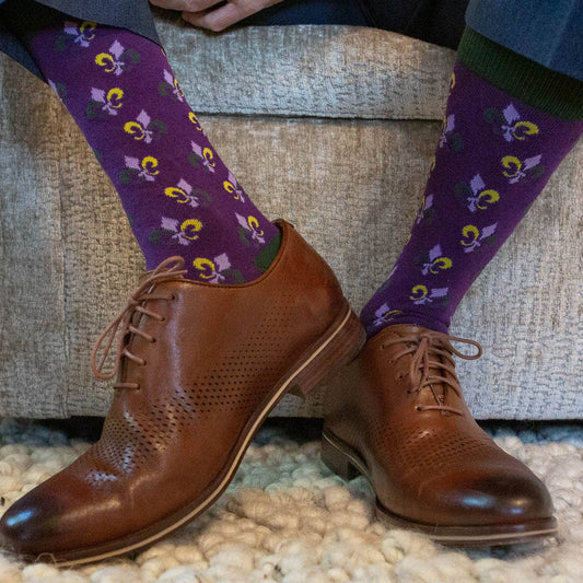 Men's Mardi Gras Fleur Socks   Purple/Green/Yellow   One Size
