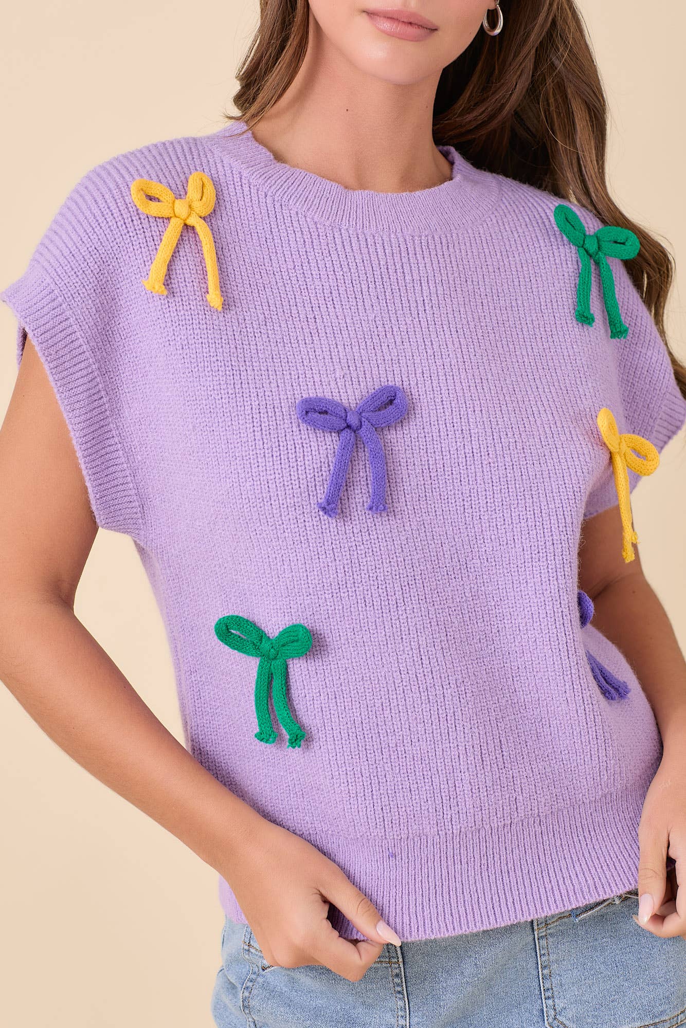 Mardi Gras Ribbon Bow Knit Top: PURPLE / M