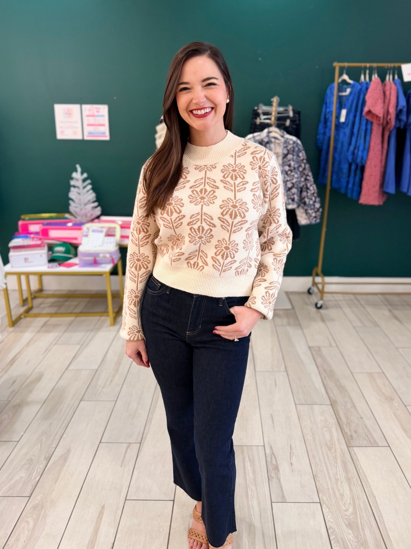 Floral Knit Sweater : Taupe Beige