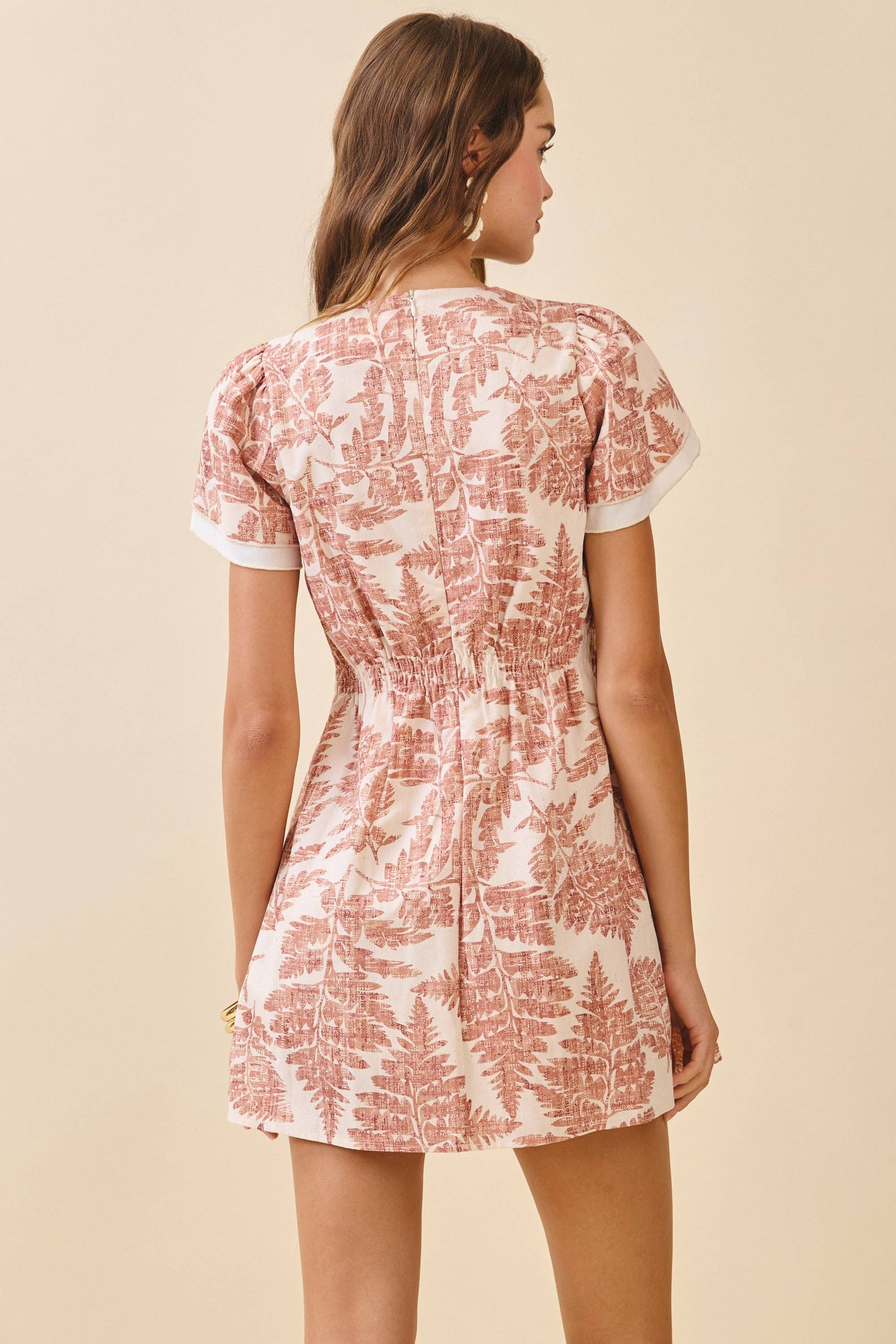 TCEC Fern Print Back Gathers Detail Puff Sleeves Dress