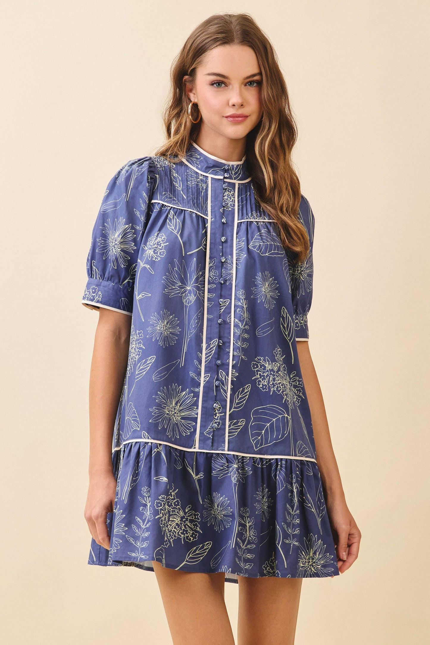 TCEC Floral Print High Band Collar Piping Trim Dress