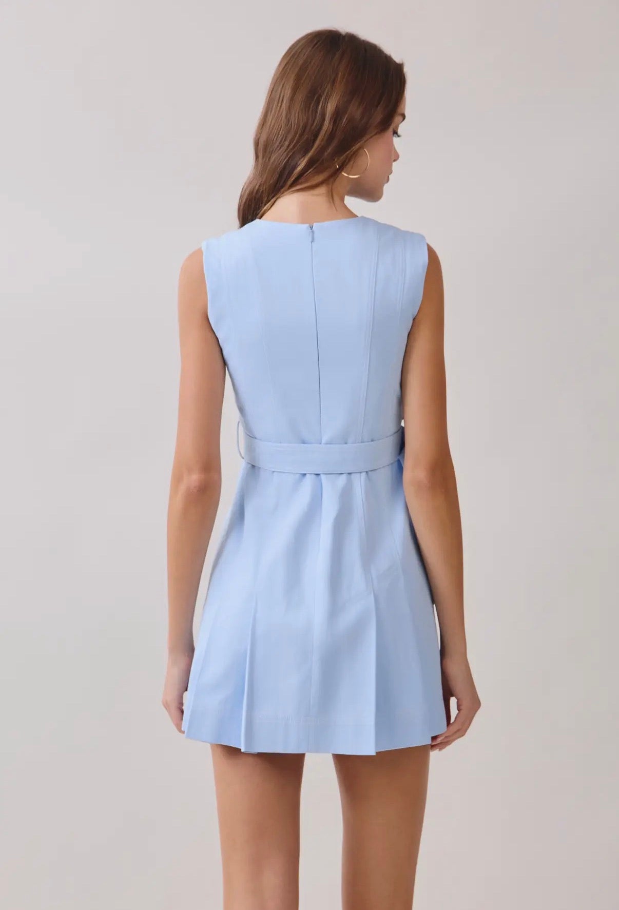 TCEC Contrast Topstitching Front Pleat belted mini dress - blue