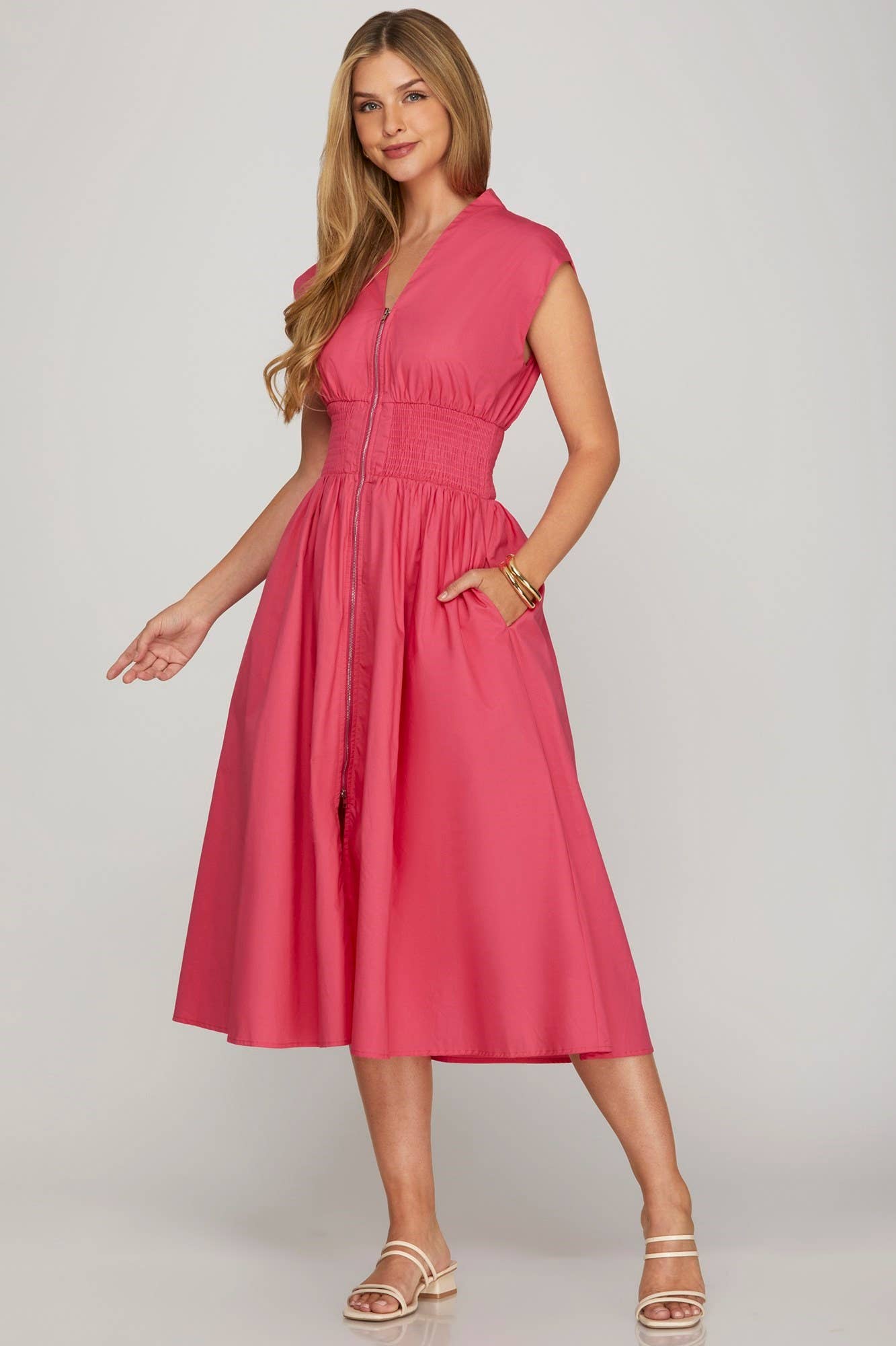 Drop Shoulder Smocked Waist Midi Dress: R BLUE