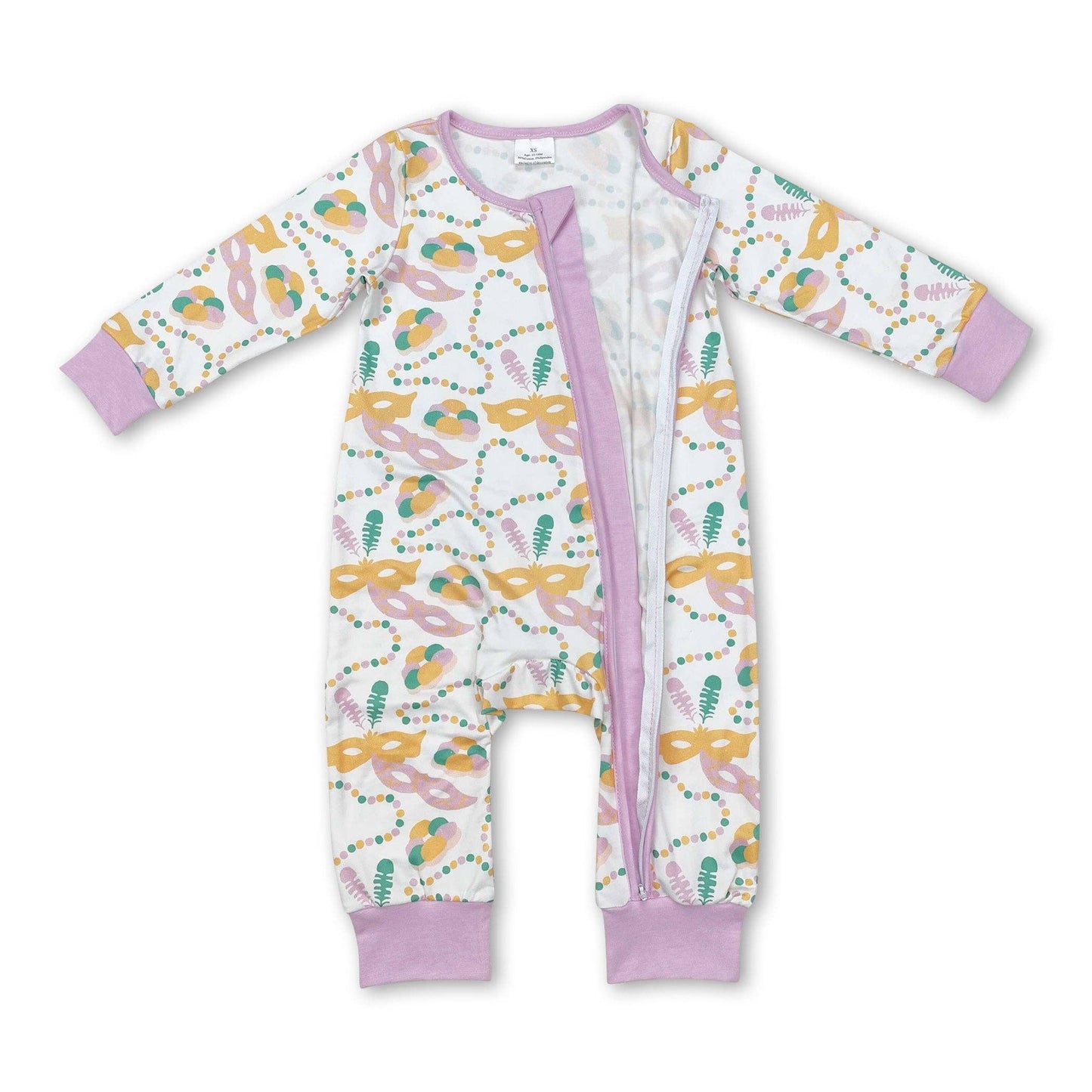 Lavender baby girls mardi gras bamboo zipper romper: Romper / 12-18M