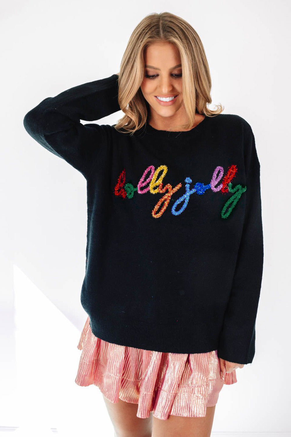 Holly Jolly Merry & Bright Round Neck Casual Christmas Sweater