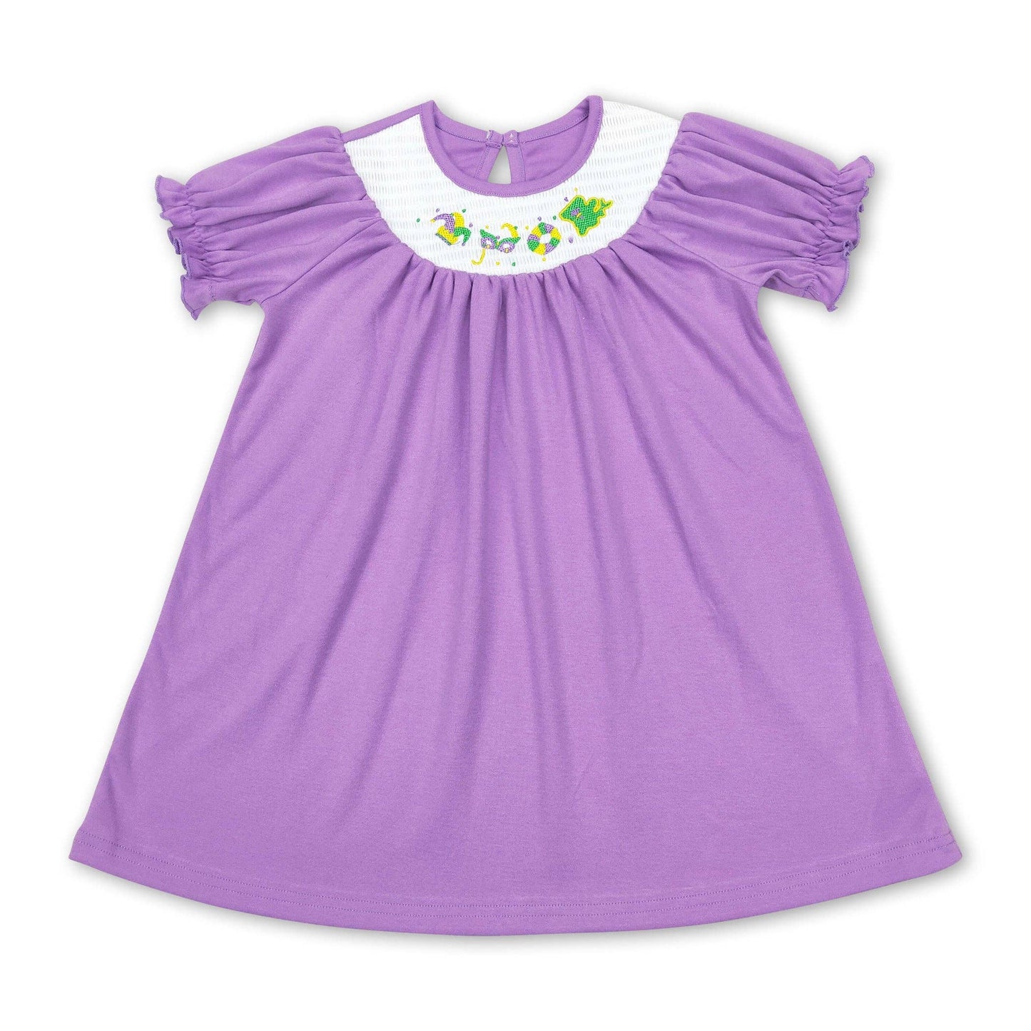 Purple plaid short sleeves smocked girls mardi gras dress: 3T