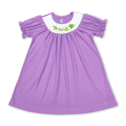 Purple plaid short sleeves smocked girls mardi gras dress: 3T