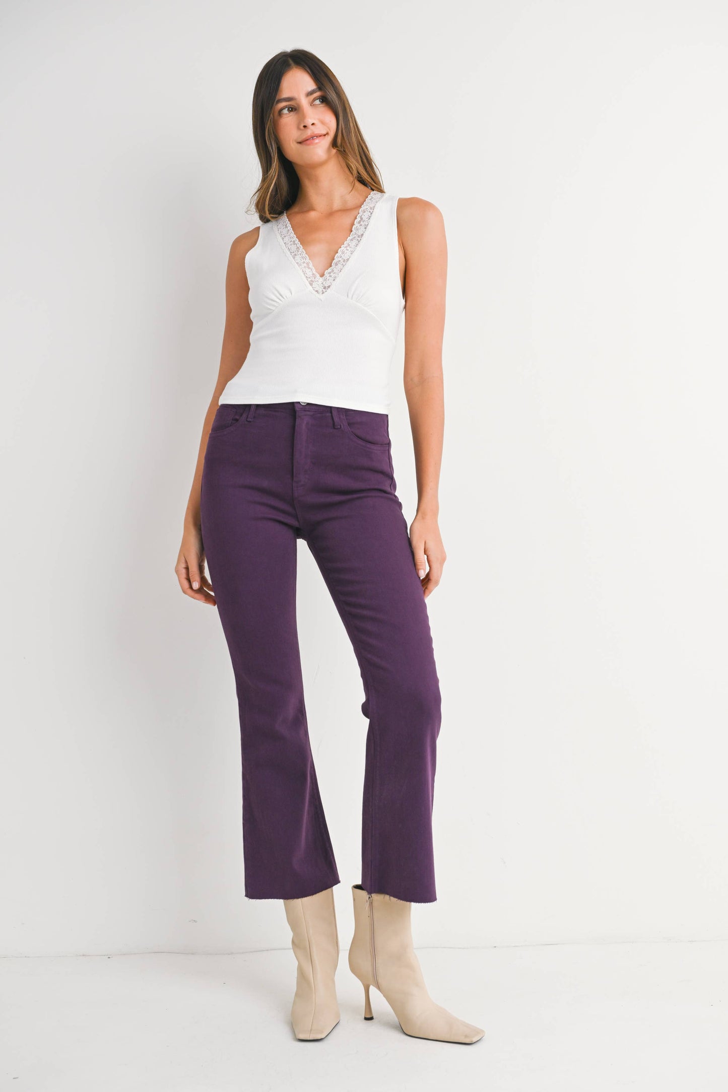 Just Black Denim- PURPLE - High Rise Tonal Crop Flare