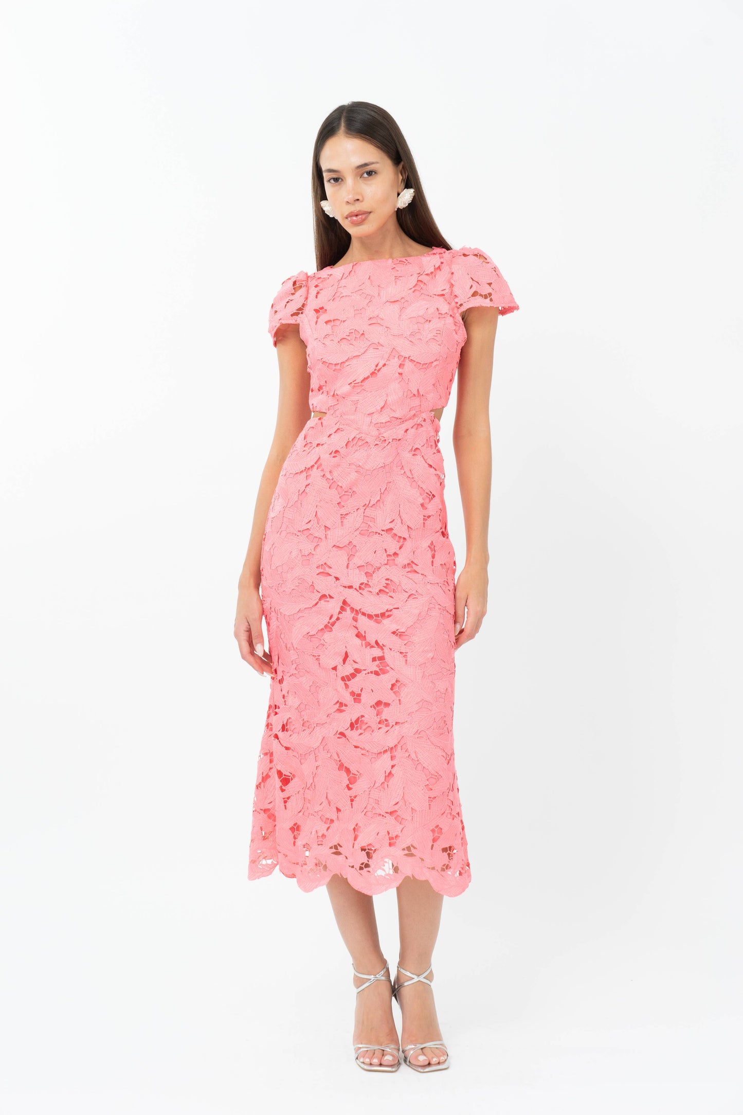 Adelyn Rae: Portia 3D Lace Cap Sleeve Midi Dress: Bubblegum Pink