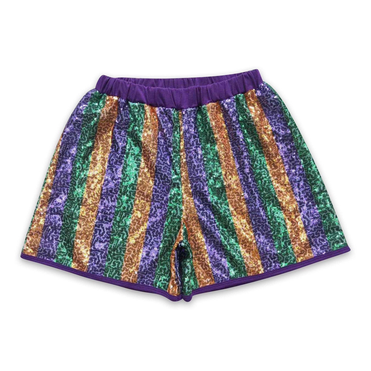 Purple gold green adult sequin mardi gras shorts: XS
