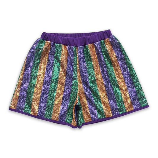 Purple gold green adult sequin mardi gras shorts: XS