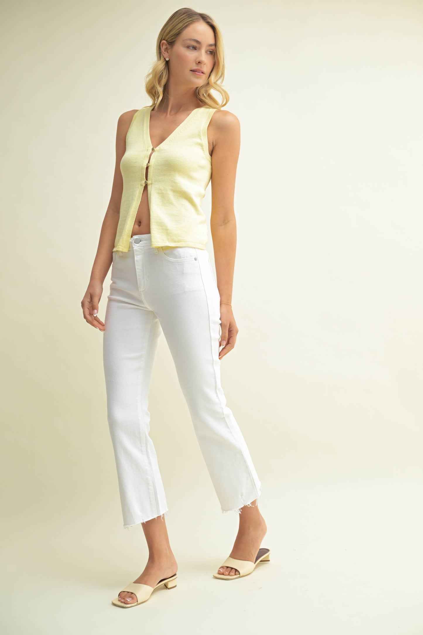 High Rise Crop Flare w/ Distressed Hem - white jeans