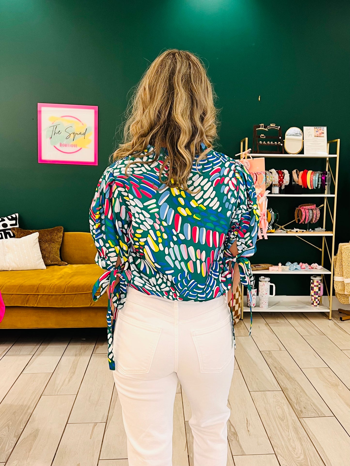 The Ashton green abstract tie sleeve blouse