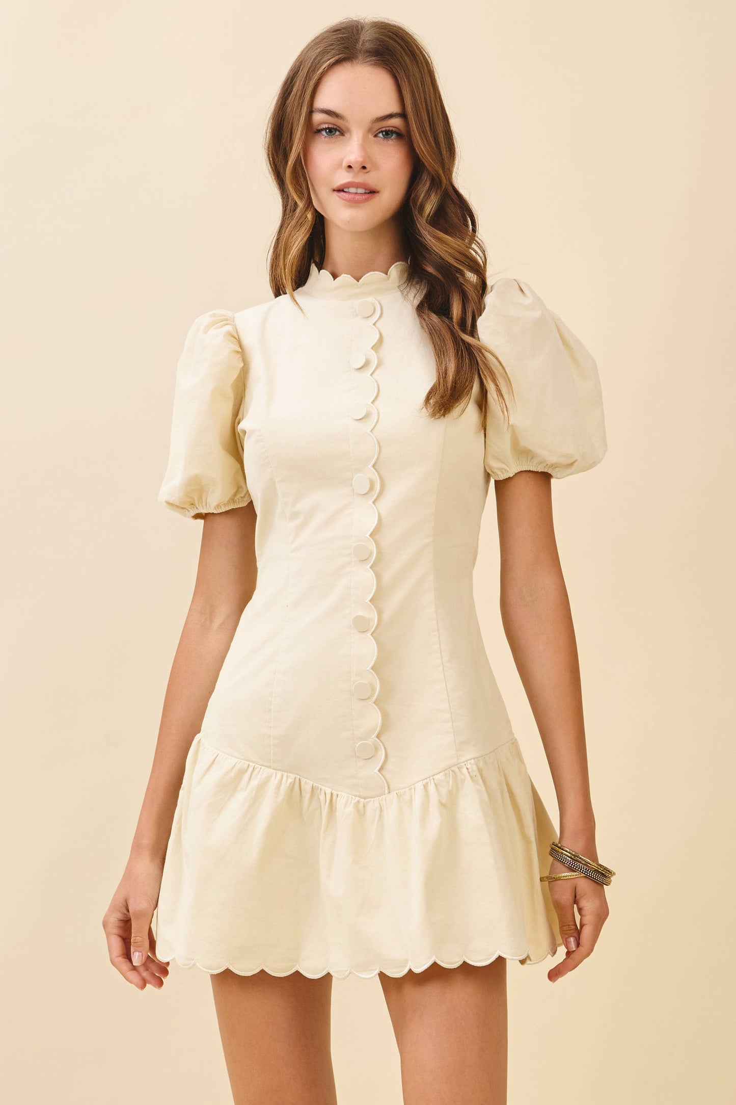 TCEC Scalloped Detail Fitted Bodice Ruffle Hem Dress
