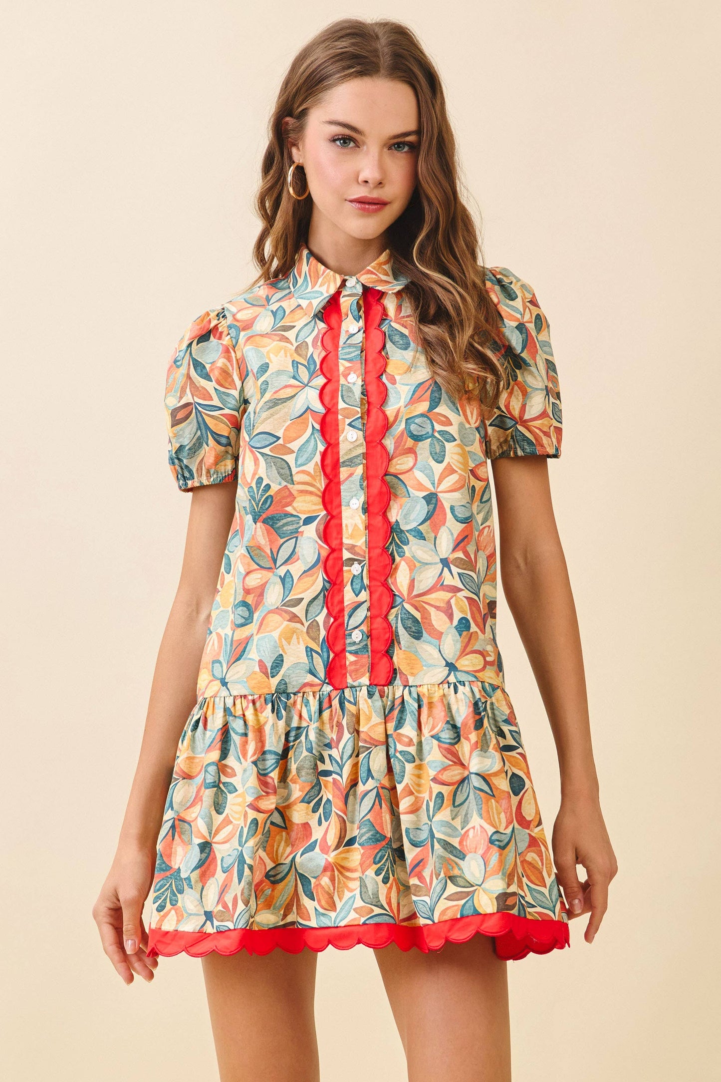 TCEC Floral Print Collared Neck Scallop Detail Dress