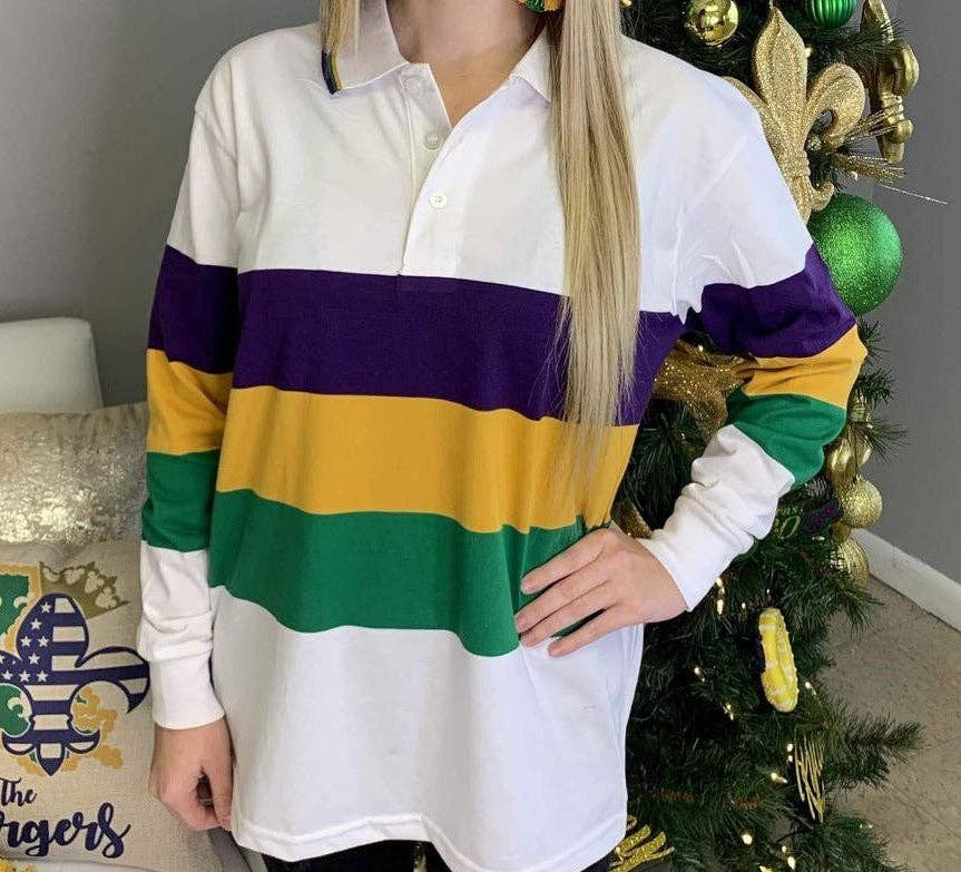 Adult Mardi Gras Polo Shirt (White, LS) # 287: Medium