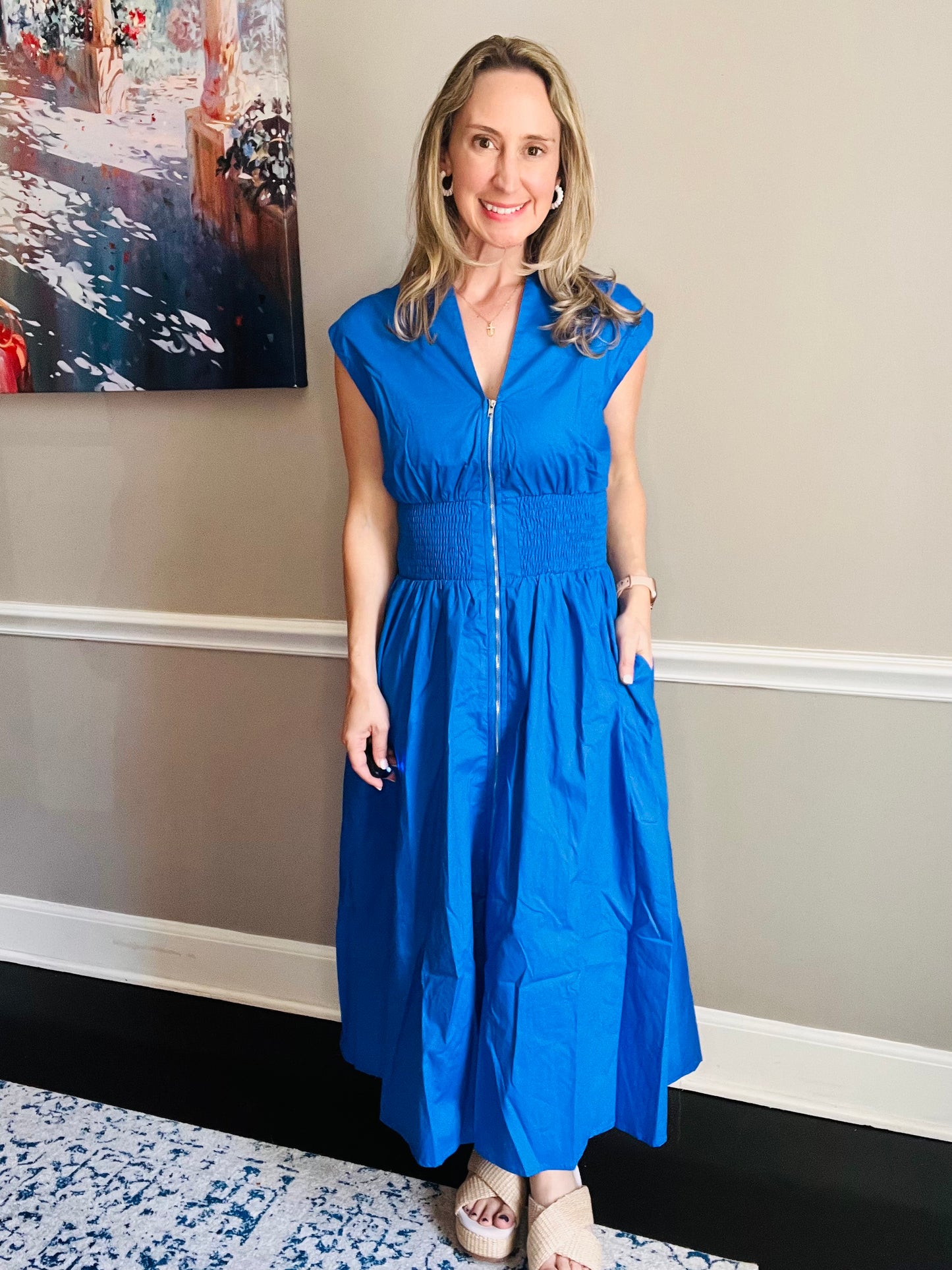 Drop Shoulder Smocked Waist Midi Dress: R BLUE