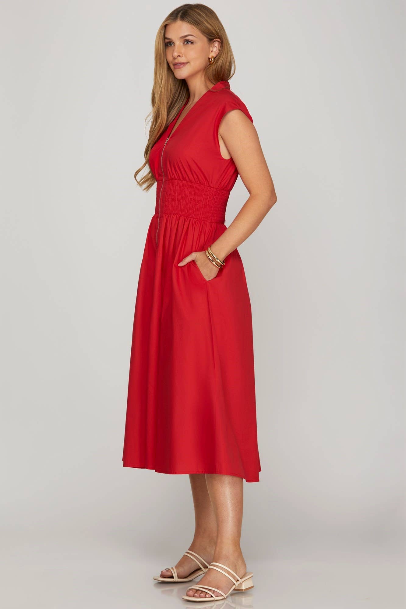Drop Shoulder Smocked Waist Midi Dress: R BLUE