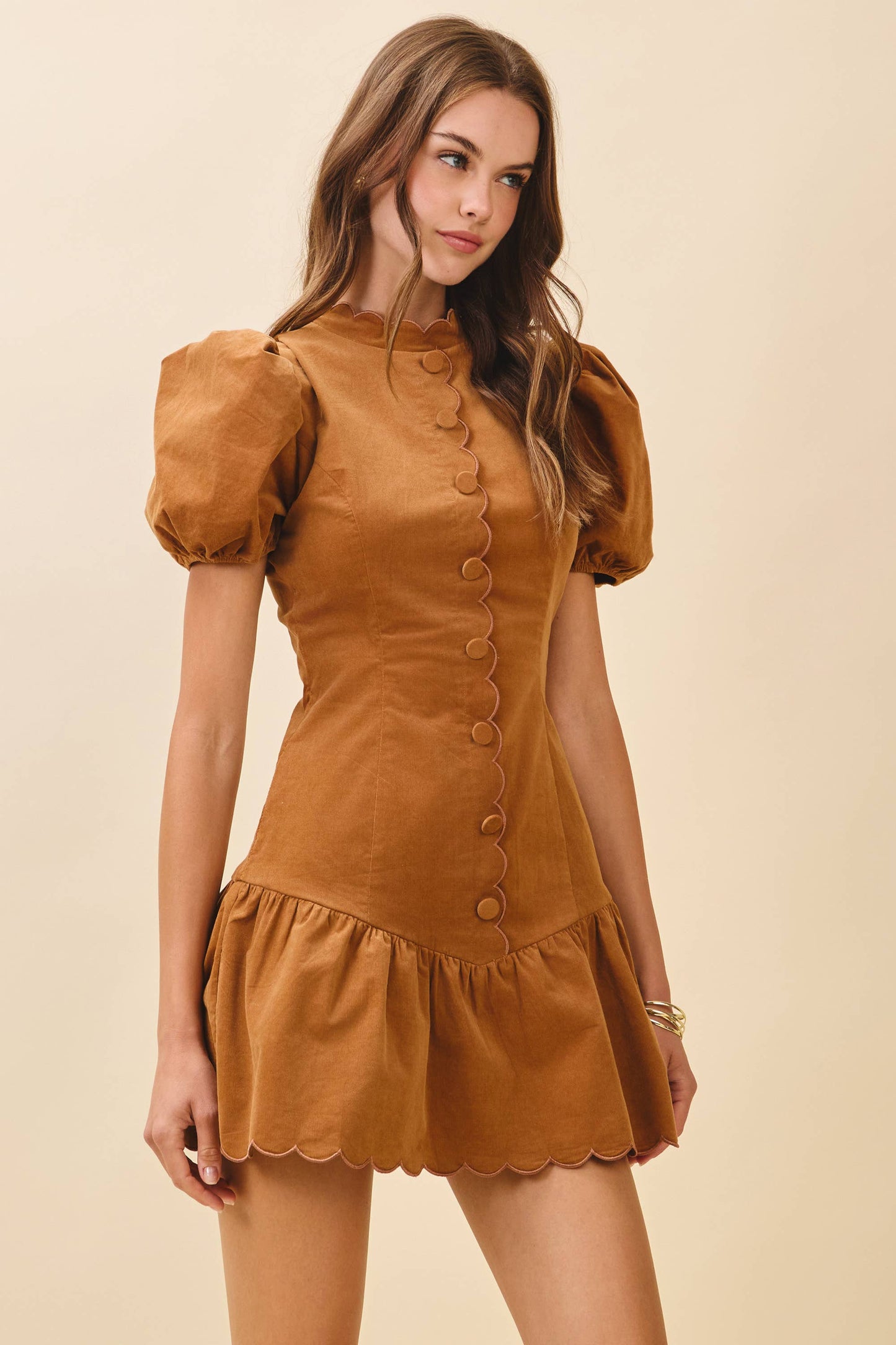 TCEC Scalloped Detail Fitted Bodice Ruffle Hem Dress