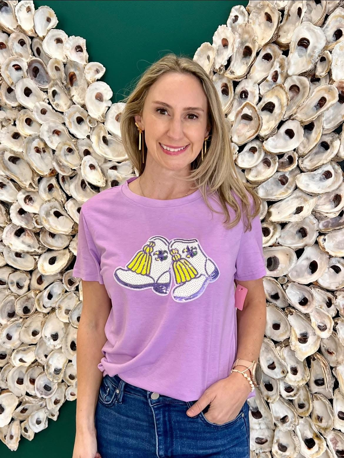 Mardi Gras booties sequins lavender tee