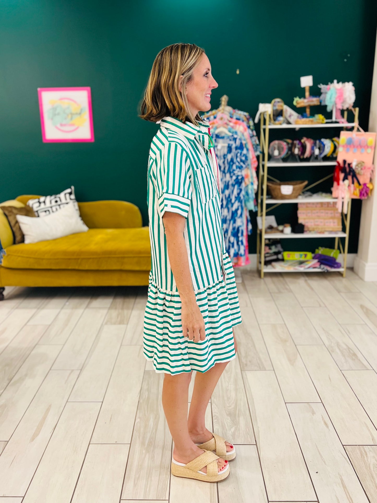 Textured button down green stripe dress with hot pink trim