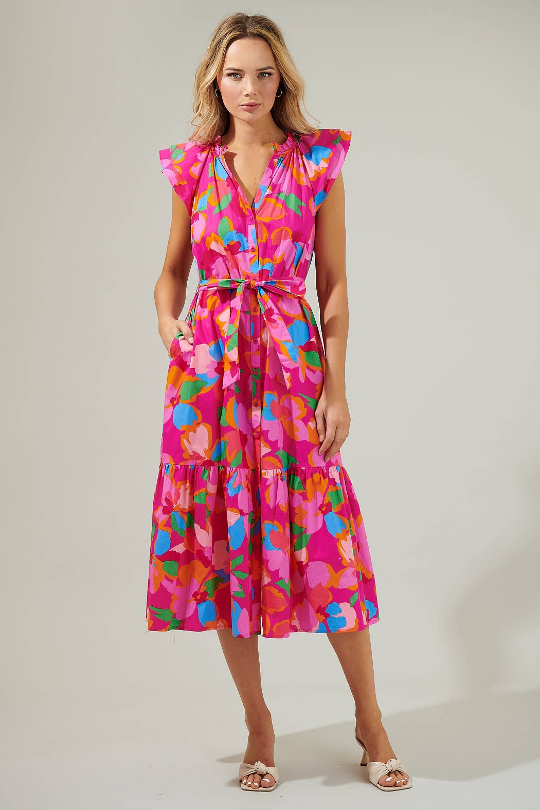Sugarlips: Daphne Floral Dynamite Button Midi Dress: FUCHSIA-MULTI The Squad Boutique Sugarlips: Daphne Floral Dynamite Button Midi Dress: FUCHSIA-MULTI The Squad Boutique