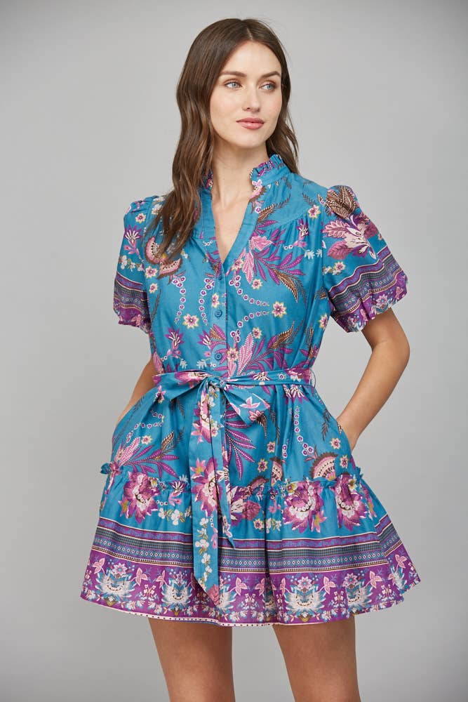 FATE: SELF SASH RUFFLED V-NECK SHORT SLEEVE MINI DRESS