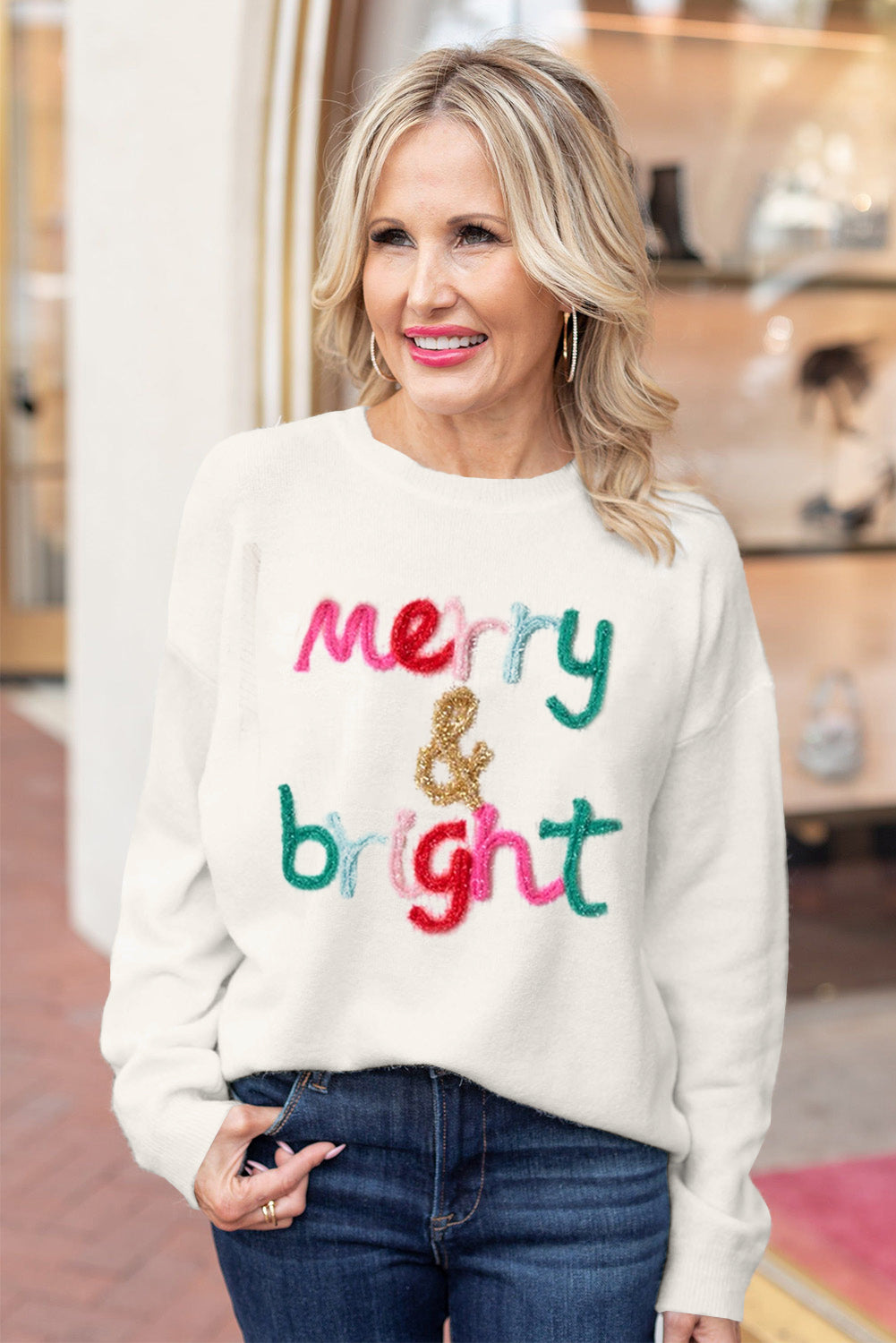 Holly Jolly Merry & Bright Round Neck Casual Christmas Sweater