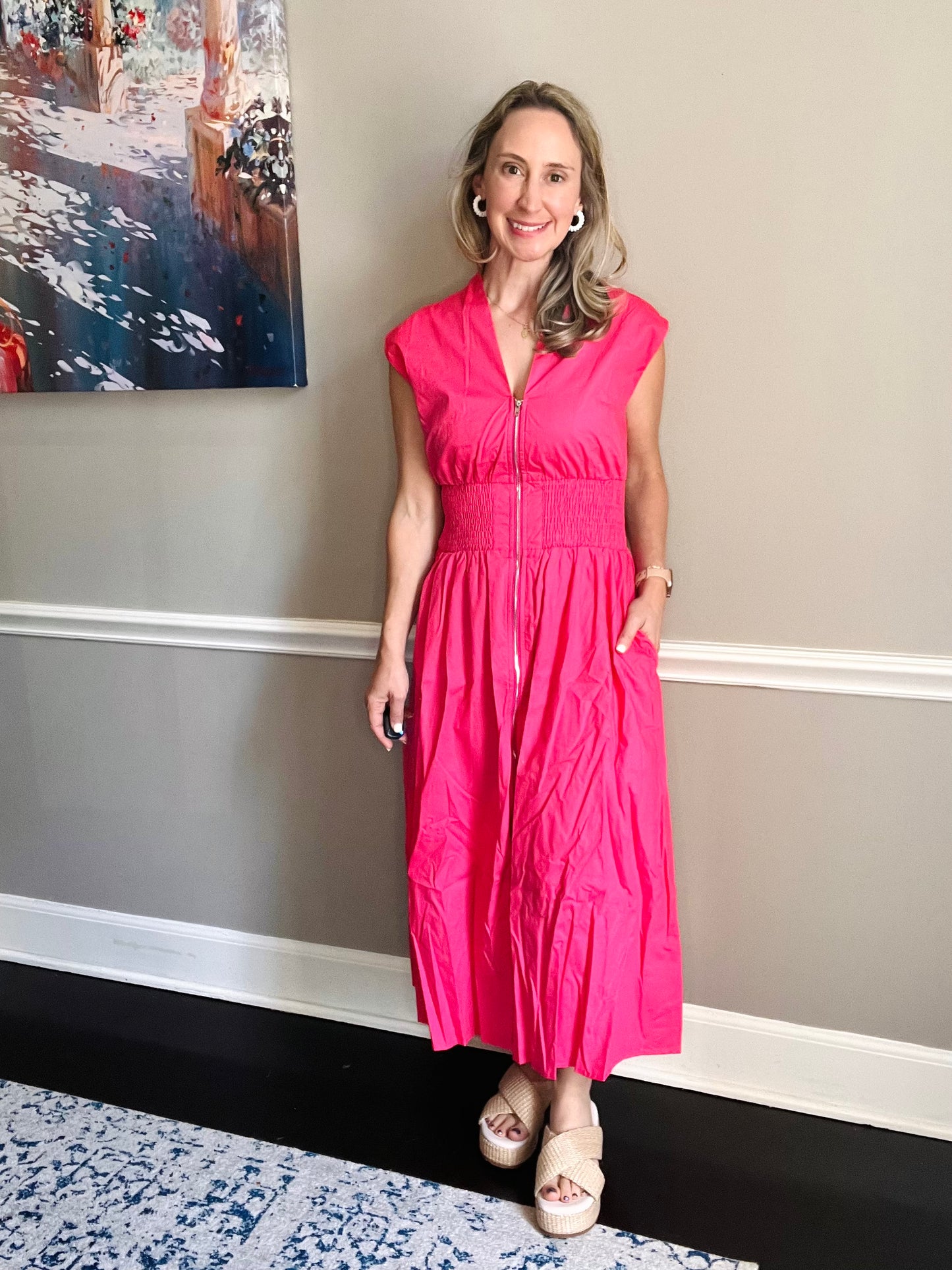 Drop Shoulder Smocked Waist Midi Dress: PINK