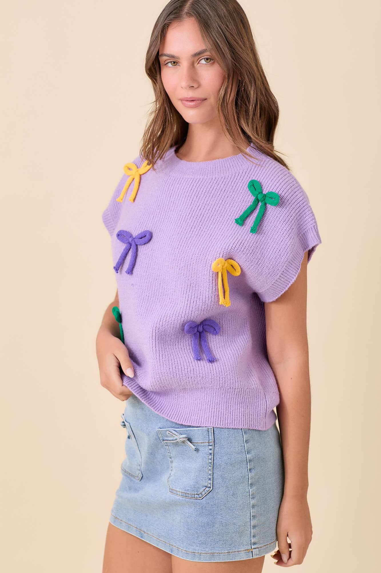 Mardi Gras Ribbon Bow Knit Top: PURPLE / M