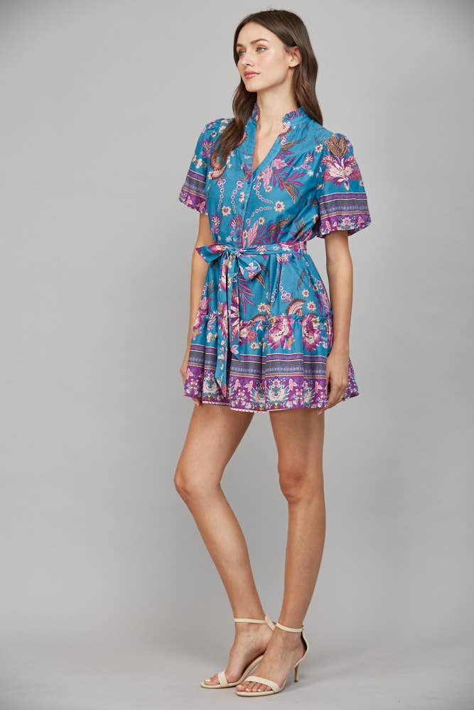 FATE: SELF SASH RUFFLED V-NECK SHORT SLEEVE MINI DRESS