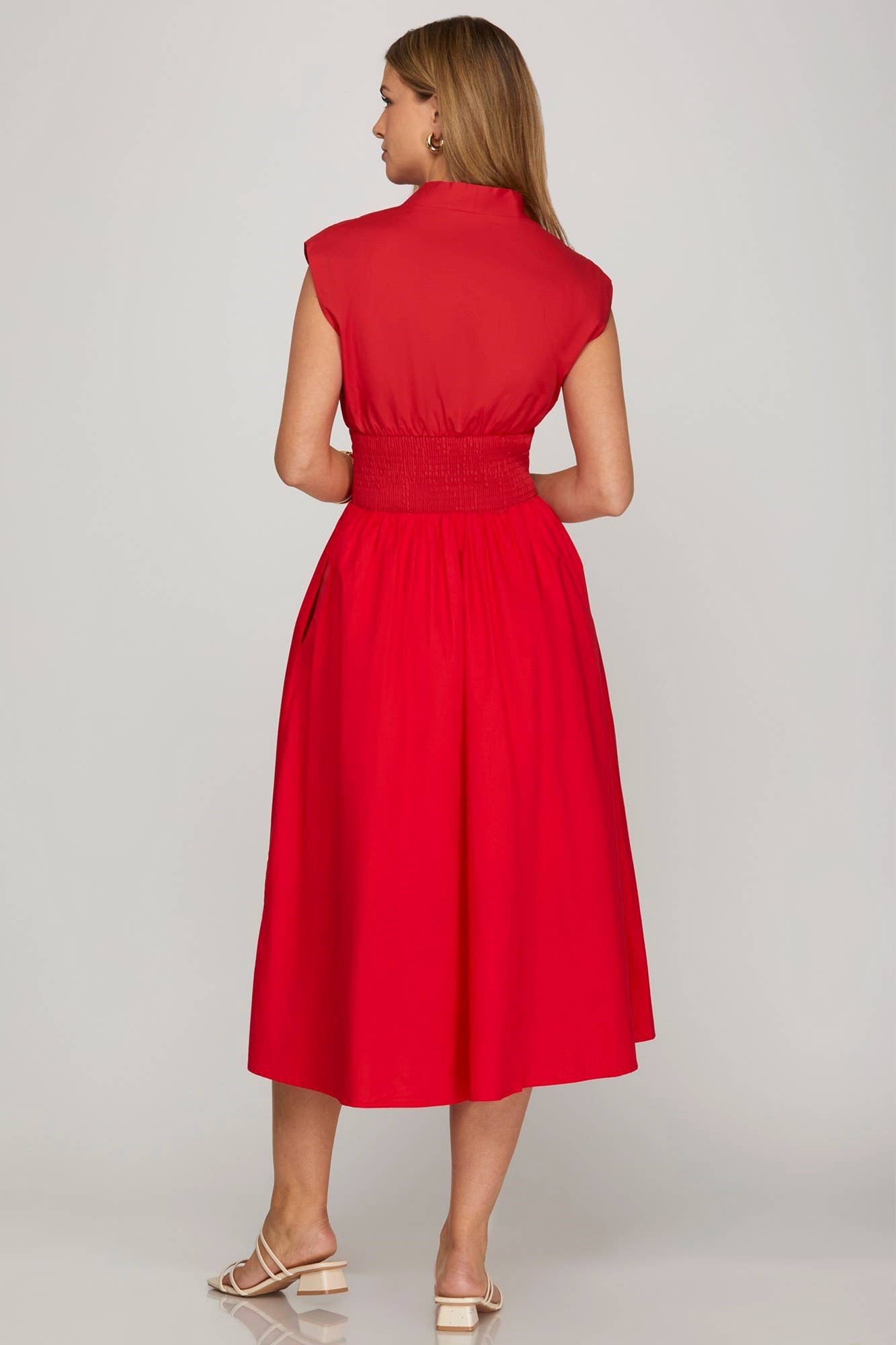 Drop Shoulder Smocked Waist Midi Dress: R BLUE