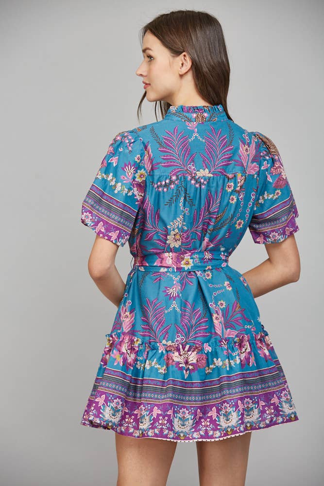 FATE: SELF SASH RUFFLED V-NECK SHORT SLEEVE MINI DRESS