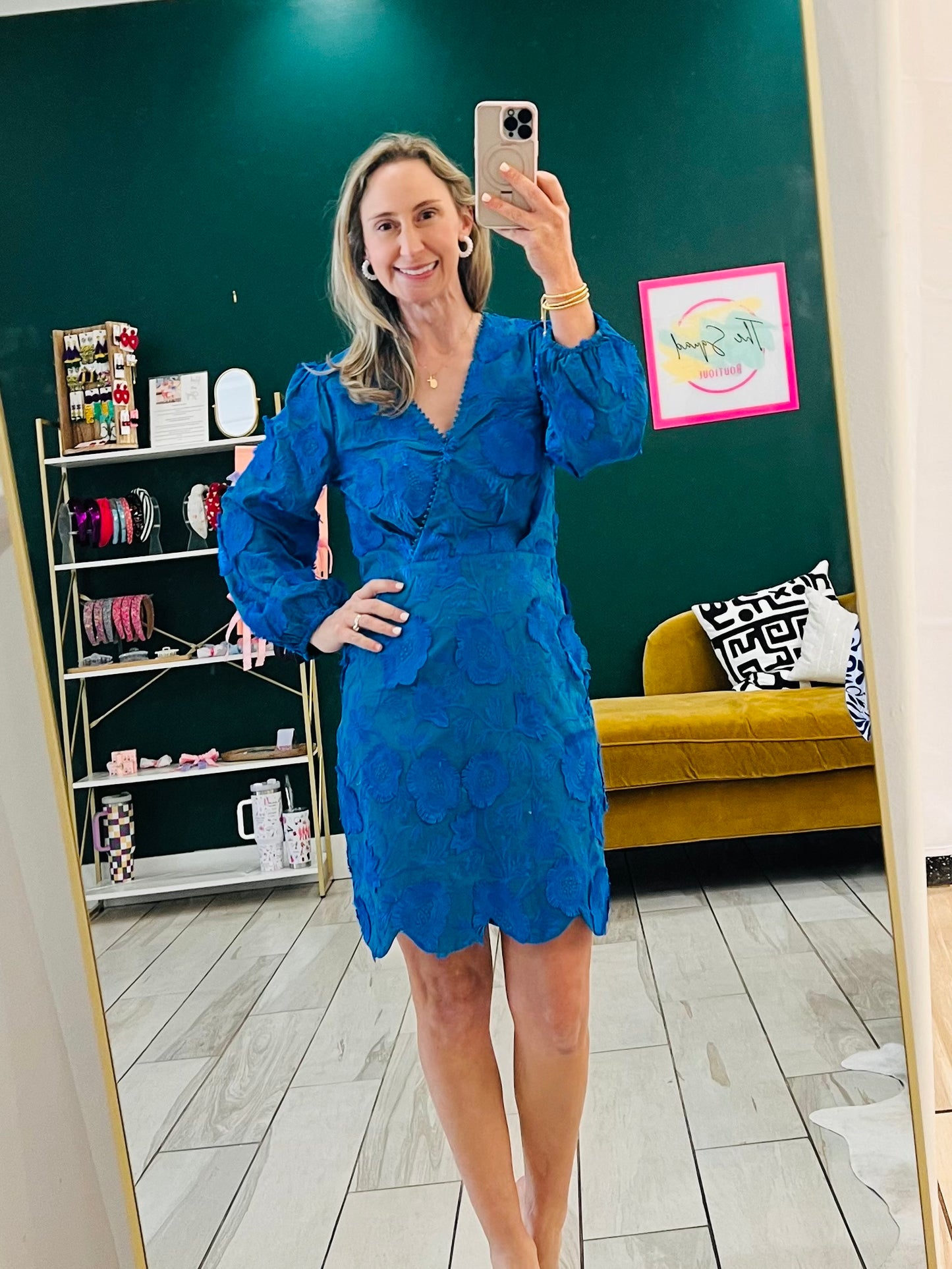 Adelyn Rae: Danica 3D Embroidered Scalloped Mini Dress: Blue