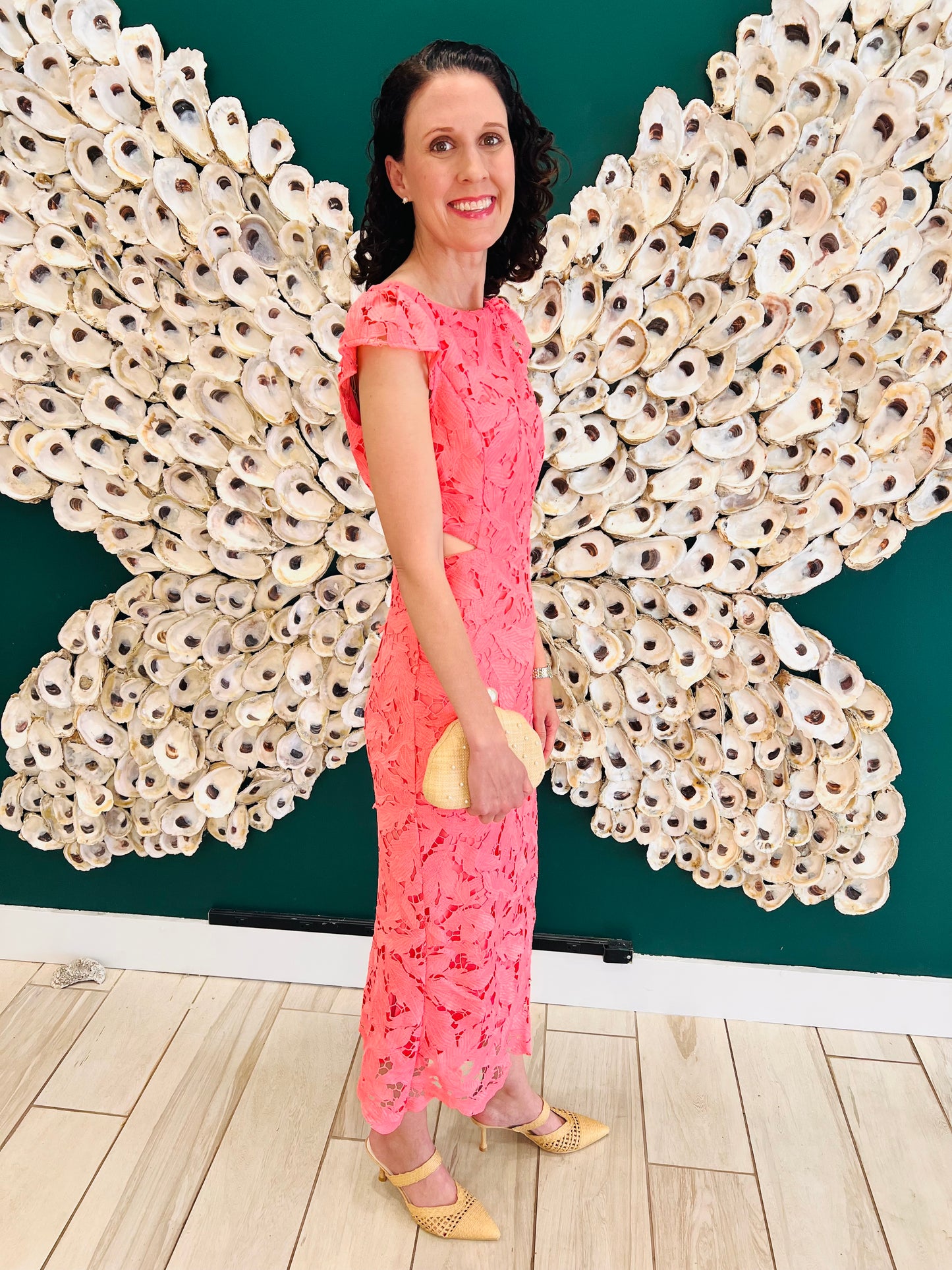 Adelyn Rae: Portia 3D Lace Cap Sleeve Midi Dress: Coral
