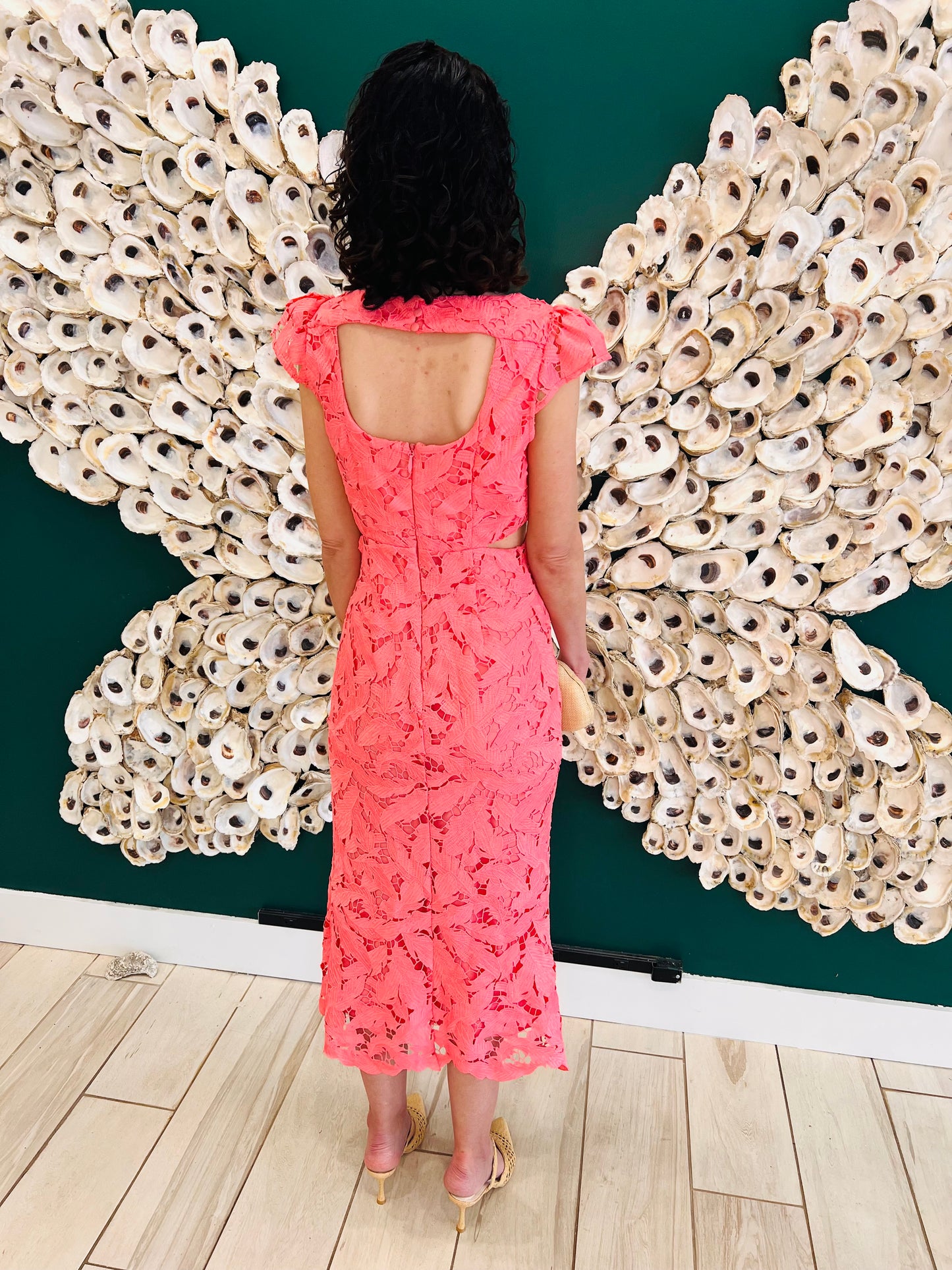 Adelyn Rae: Portia 3D Lace Cap Sleeve Midi Dress: Coral