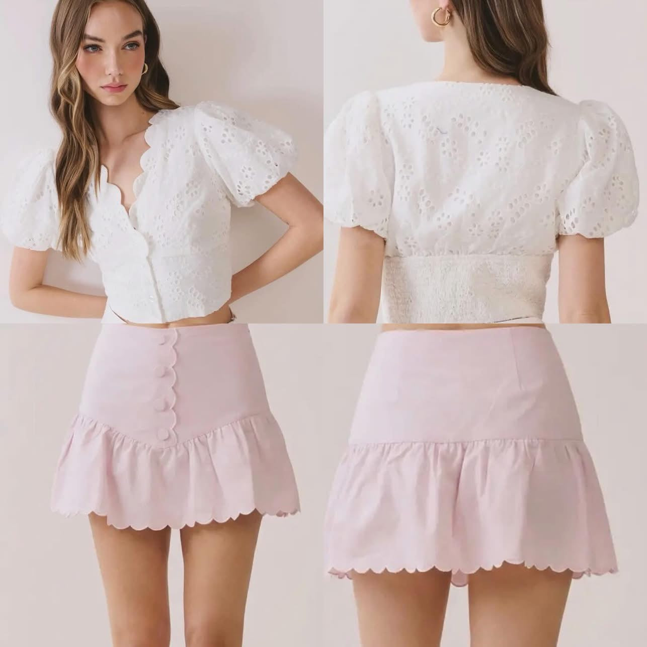 TCEC white eyelet puff sleeve button front crop blouse