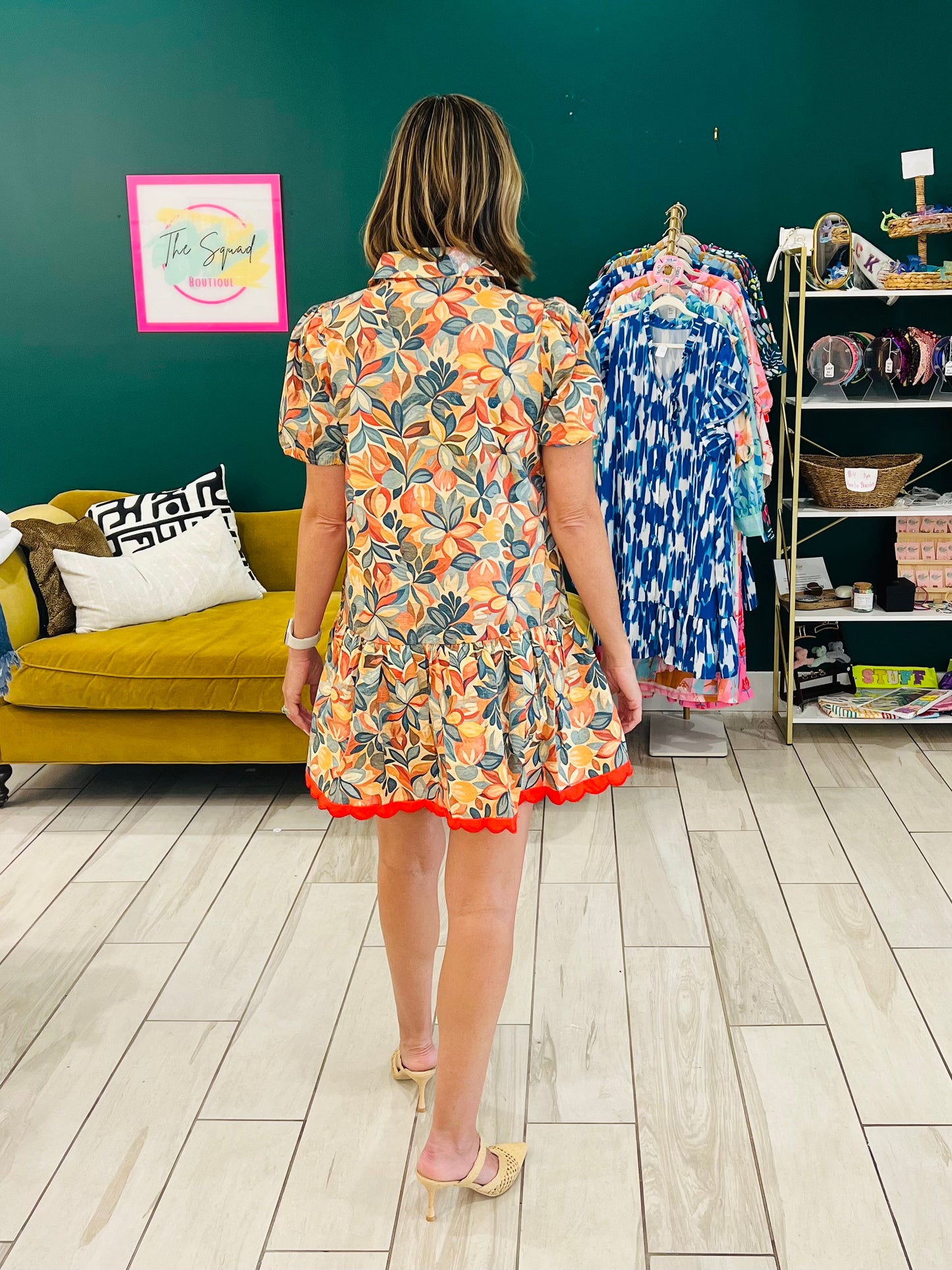 TCEC Floral Print Collared Neck Scallop Detail Dress