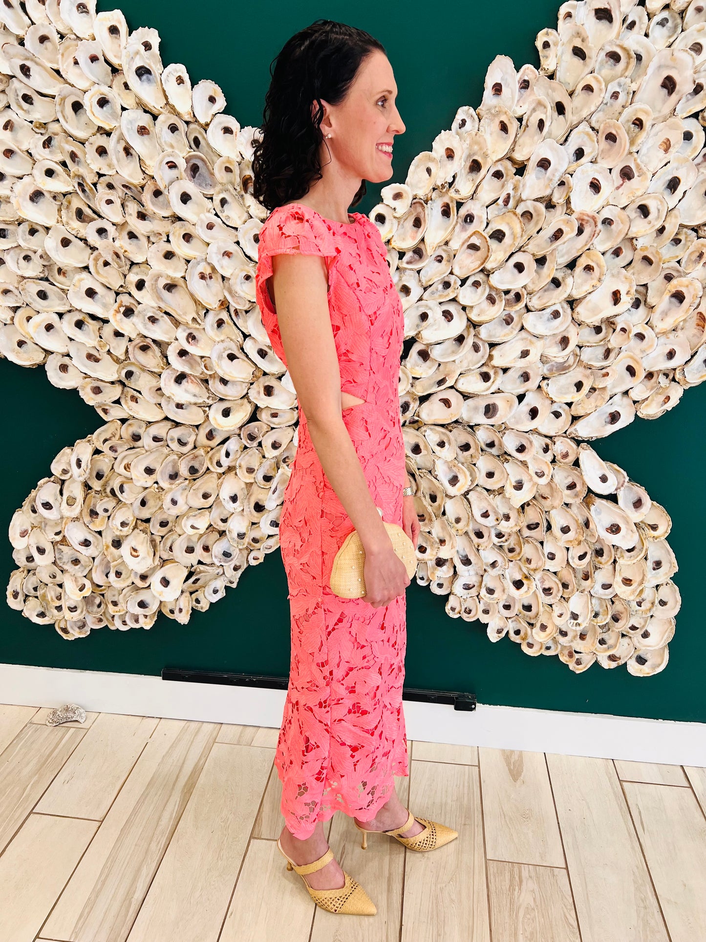 Adelyn Rae: Portia 3D Lace Cap Sleeve Midi Dress: Coral