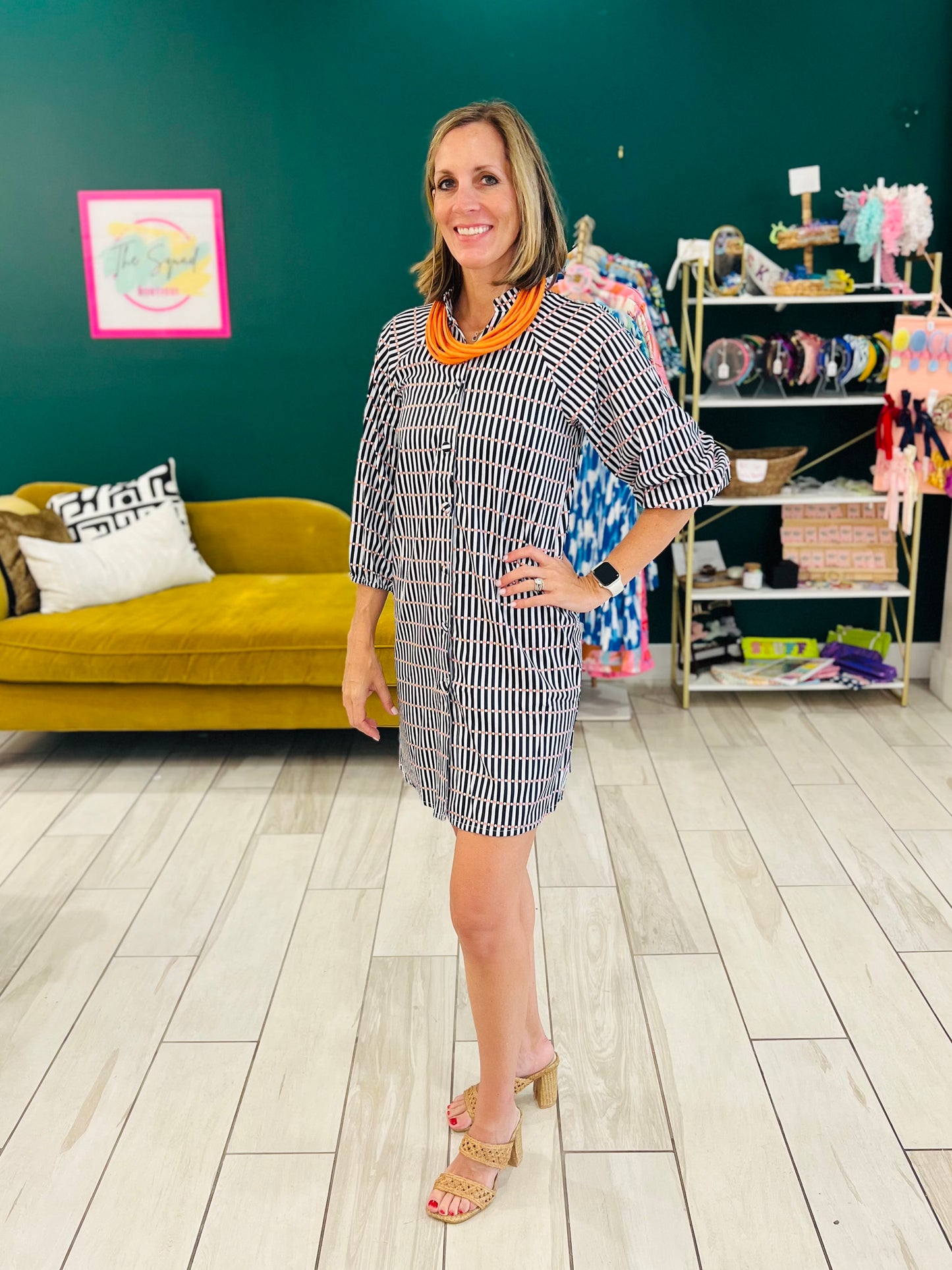 Black & White striped dress with orange dots