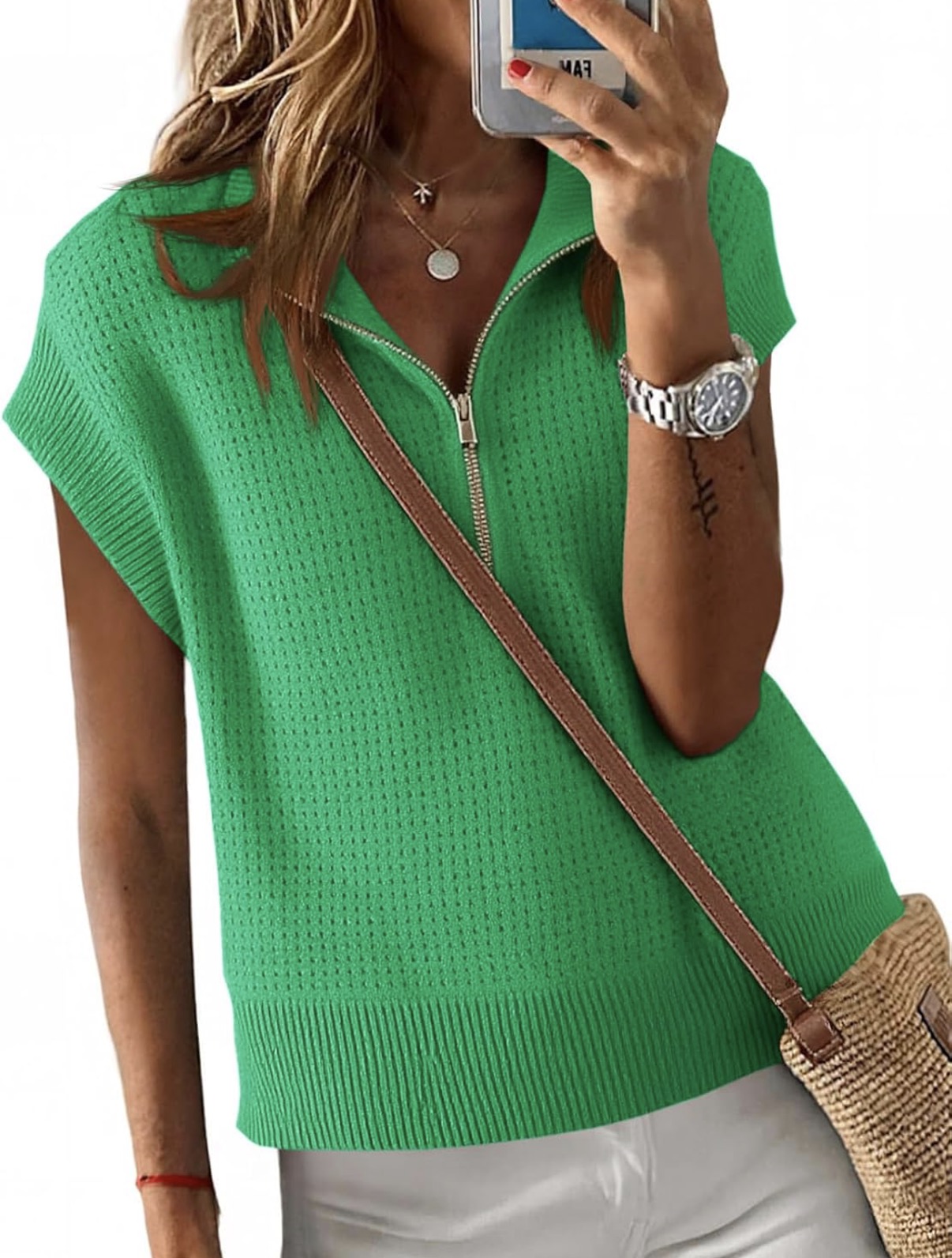 Lightweight half zip cropped sweater - Green