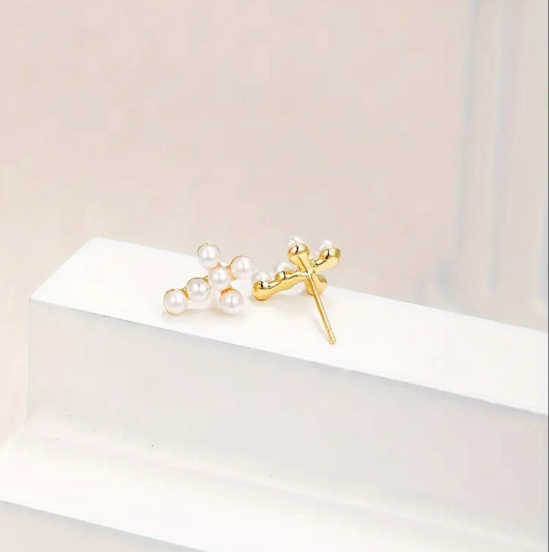 18k gold plated pearl cross earrings