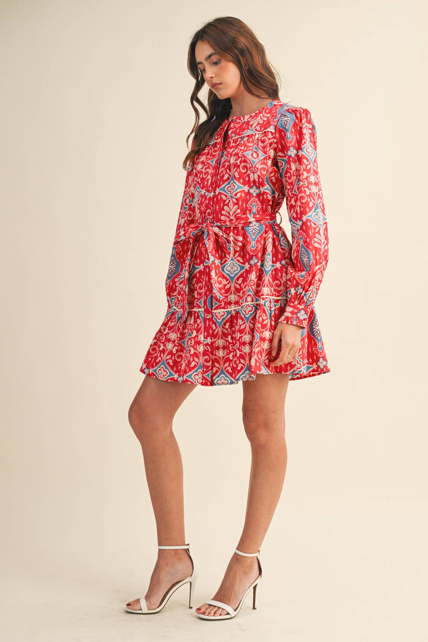 &MERCI EXCLUSIVE PRINT LONG SLEEVE BUTTON DOWN MINI DRESS