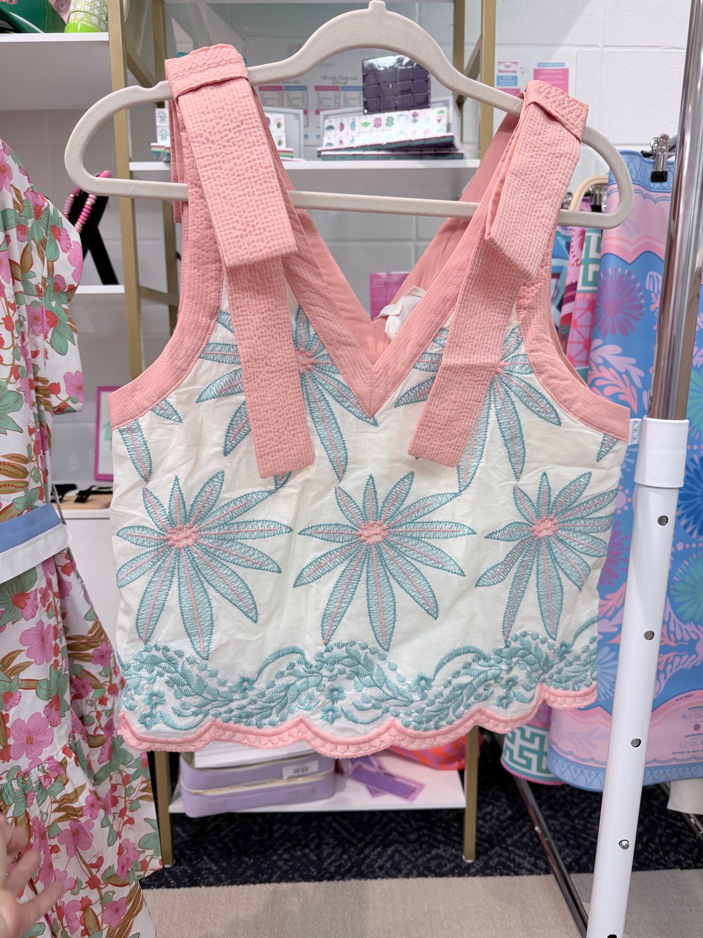 Entro embroidered tank top with faux bow shoulder : coral / blue