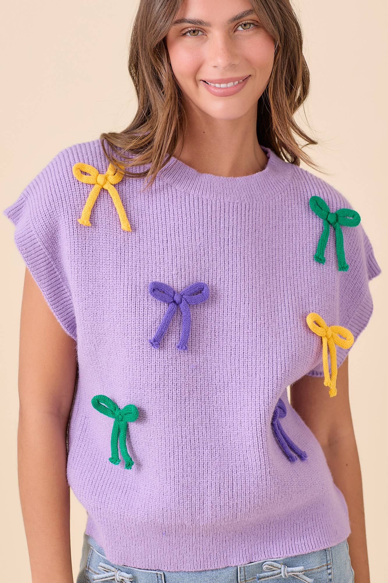 Mardi Gras Ribbon Bow Knit Top: PURPLE / L