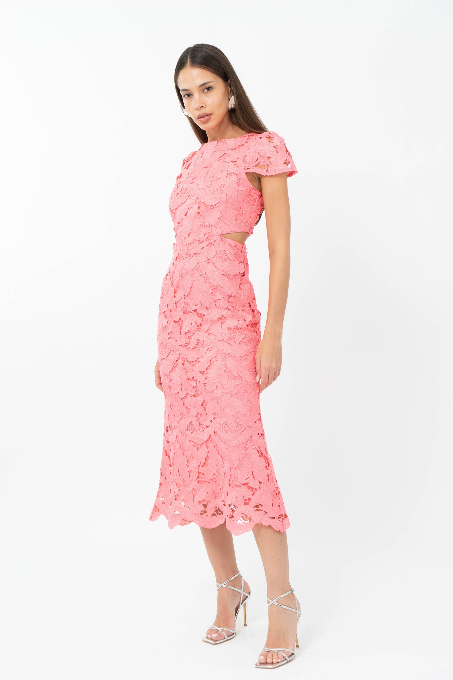 Adelyn Rae: Portia 3D Lace Cap Sleeve Midi Dress: Bubblegum Pink