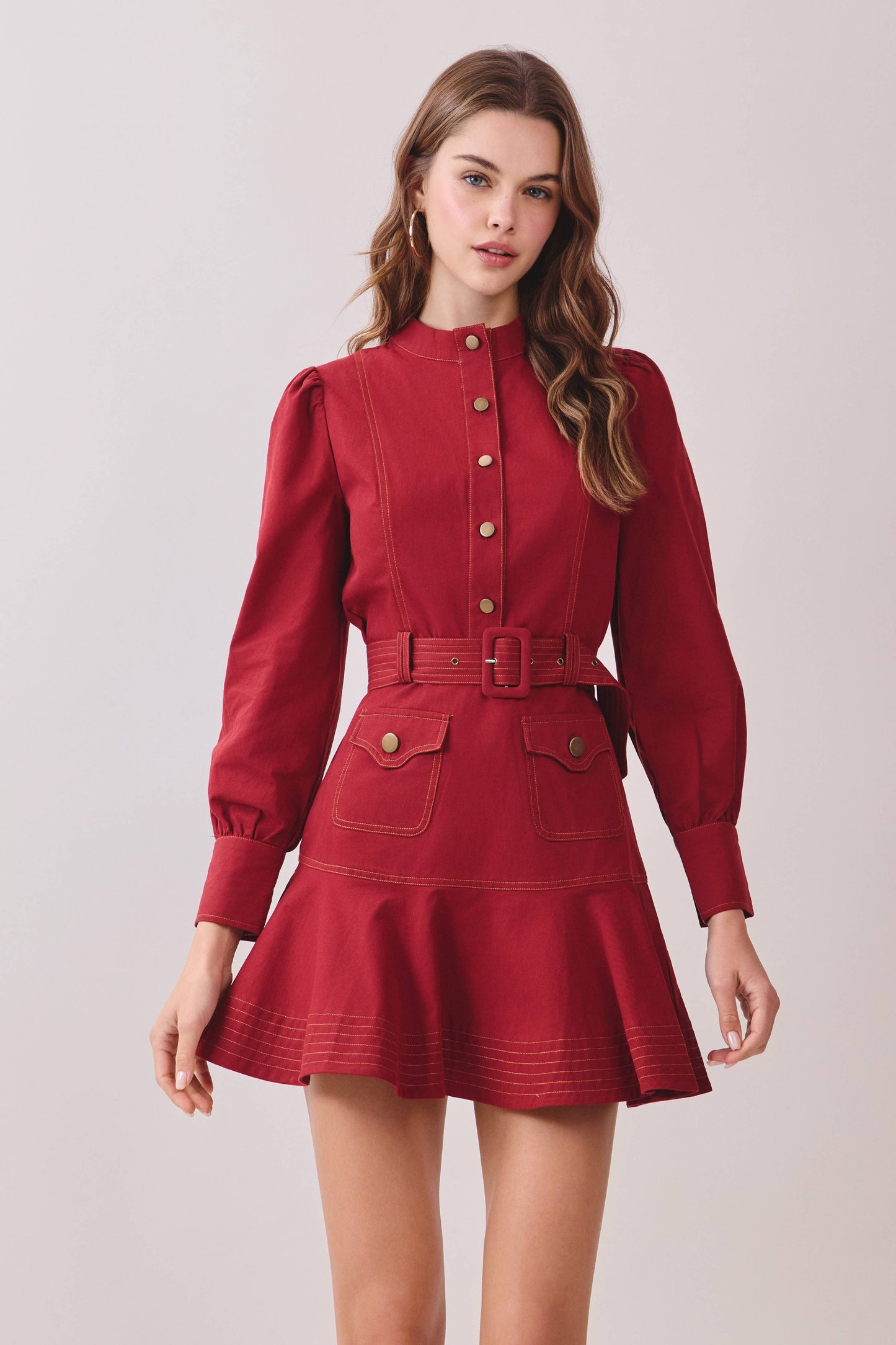 Contrast Topstitching Mock Neck Dress