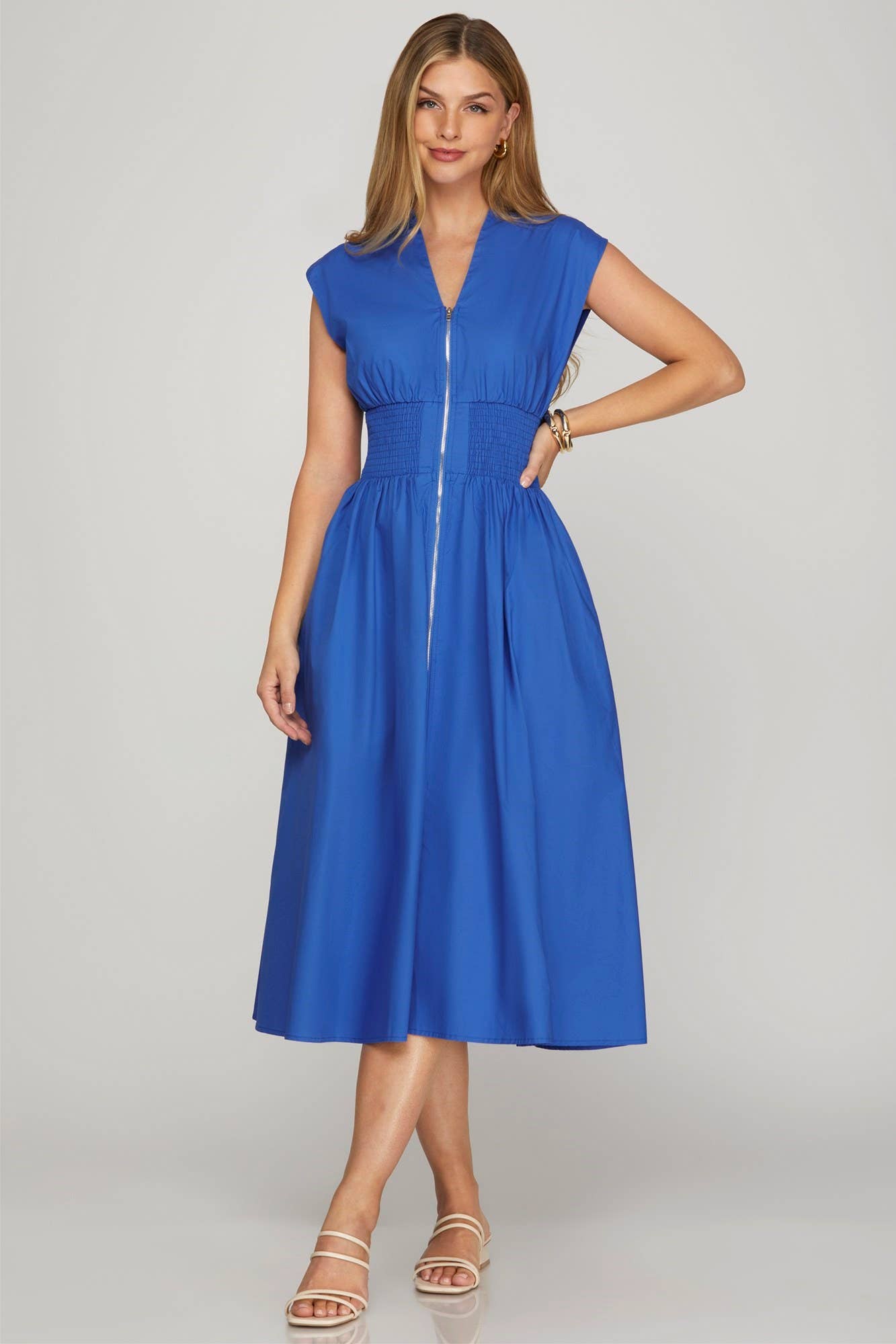 Drop Shoulder Smocked Waist Midi Dress: R BLUE