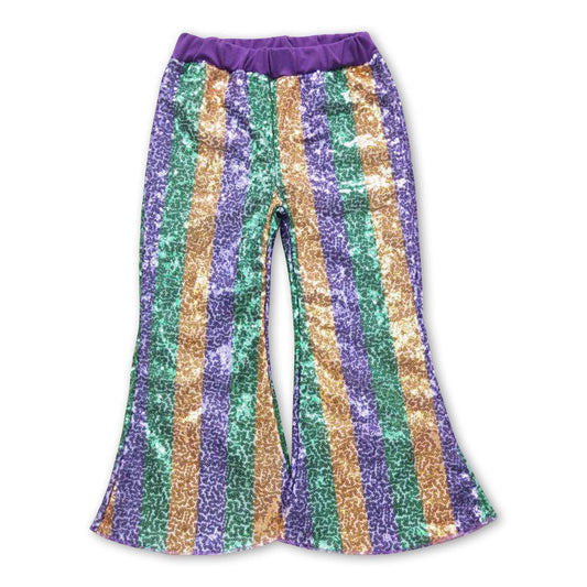 Purple gold green stripe sequin girls Mardi gras pants: Stripe small sequin / 6-7T