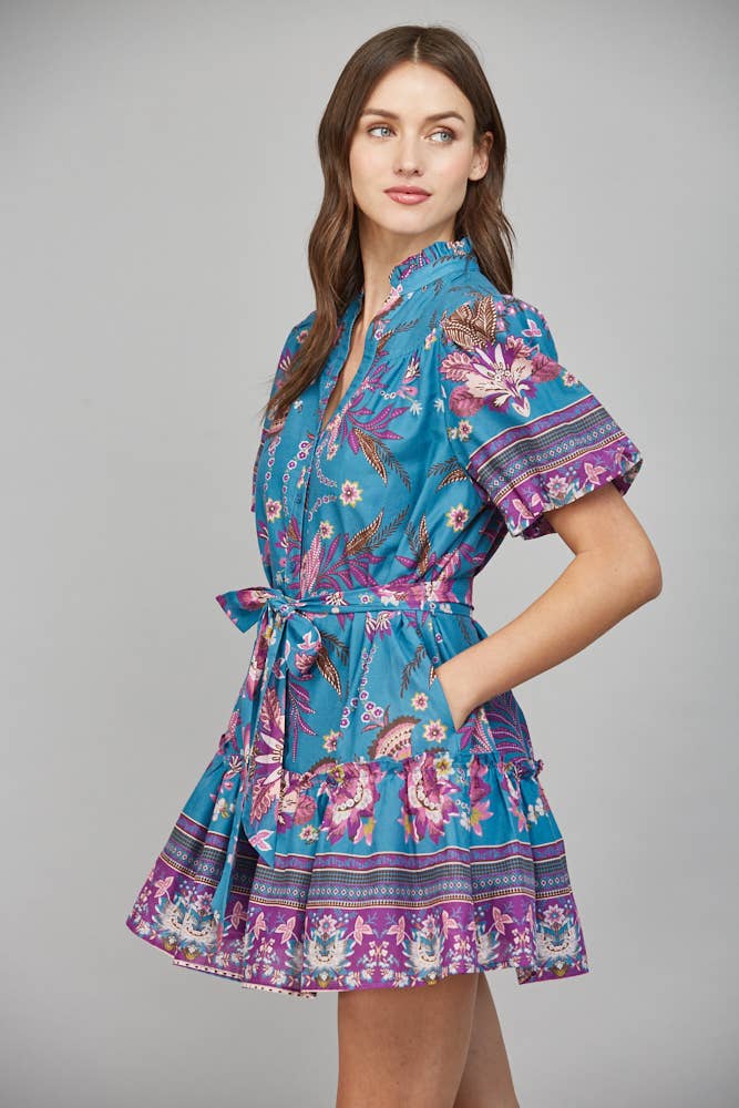 FATE: SELF SASH RUFFLED V-NECK SHORT SLEEVE MINI DRESS